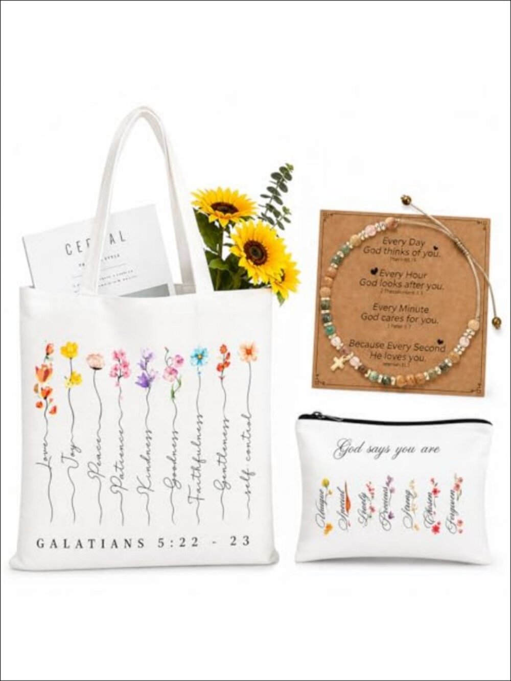 Christian Gift Set Bible Tote Bag Faith Bracelet Cosmetic Pouch Inspirational